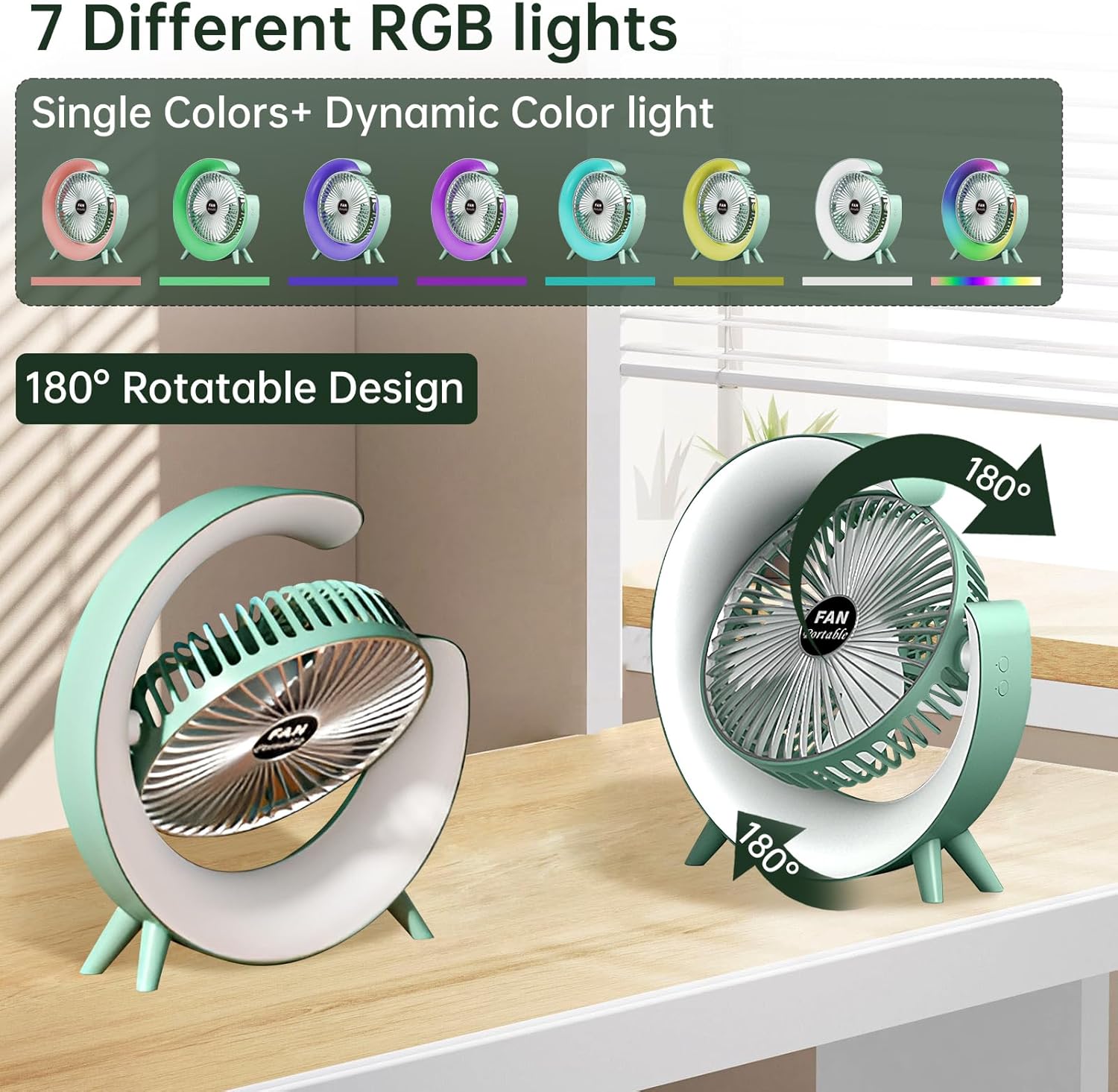Colorful LED Light, USB Rechargeable Fan